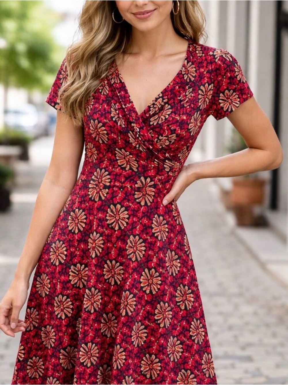 Leota Lula Jersey Floral Wrap Dress - sweetheart neckline - Tera Red Medium NWT